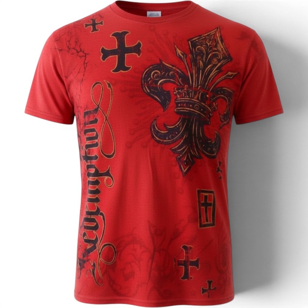 Vintage Redemption Y2K Red T-Shirt Angel Wings & Cross ~ New